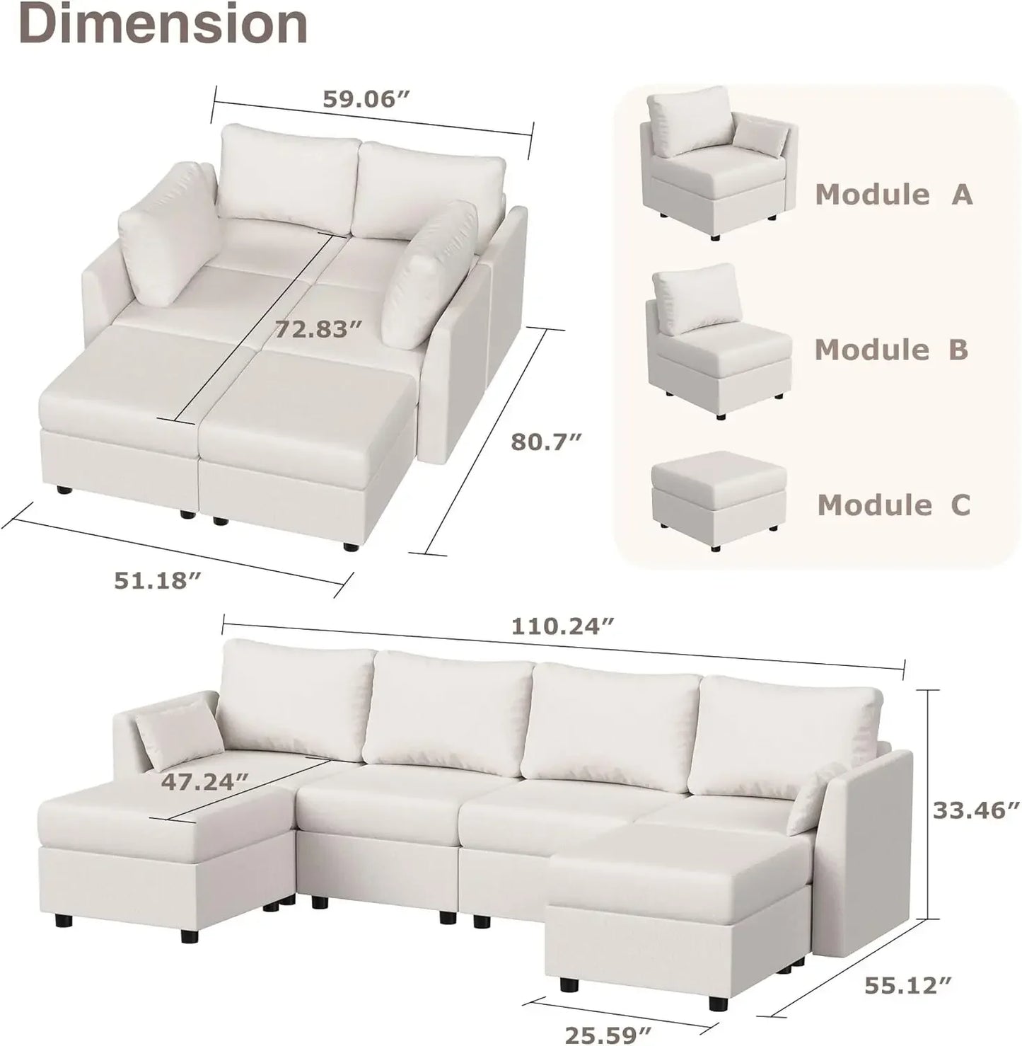 Sectional Sofa with Storage, Convertible 6 Seat Sectional Couches for Living Room, U Shaped Sectional Sofa with Chaise, Comfy Se