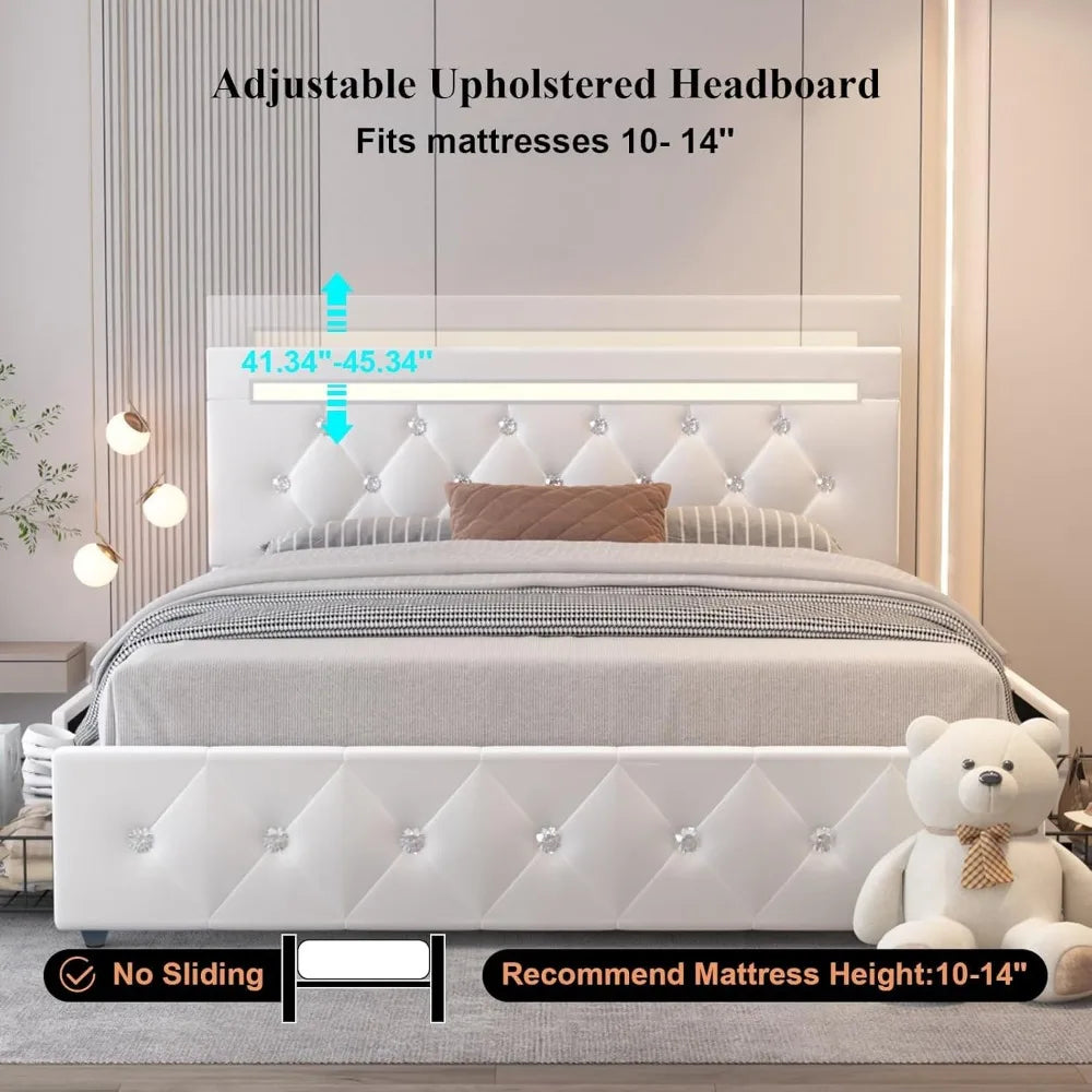 Queen Size Bed Frame with 4 Drawers and Adjustable LED Headboard,PU Leather Upholstered Platform Storage Bed w/Charging Station