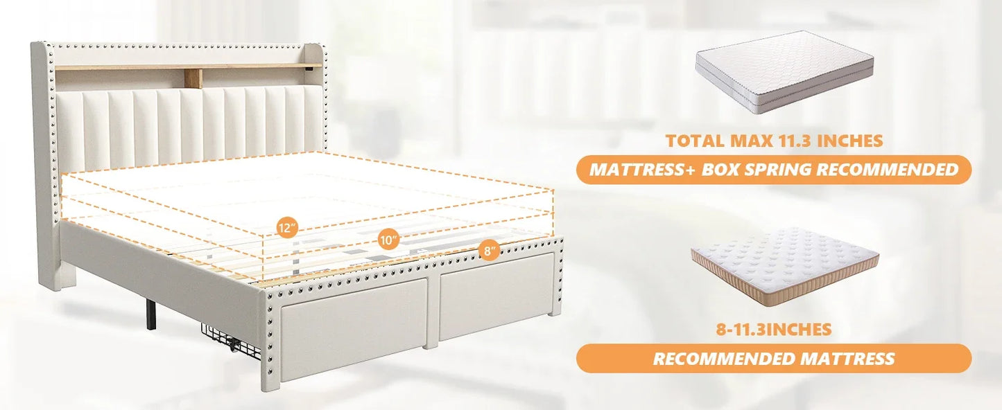 Queen Bed Frame with Headboard and Storage, Upholstered Queen Bed Frame with Storage, Queen Size Bed Frame with 2 Drawers