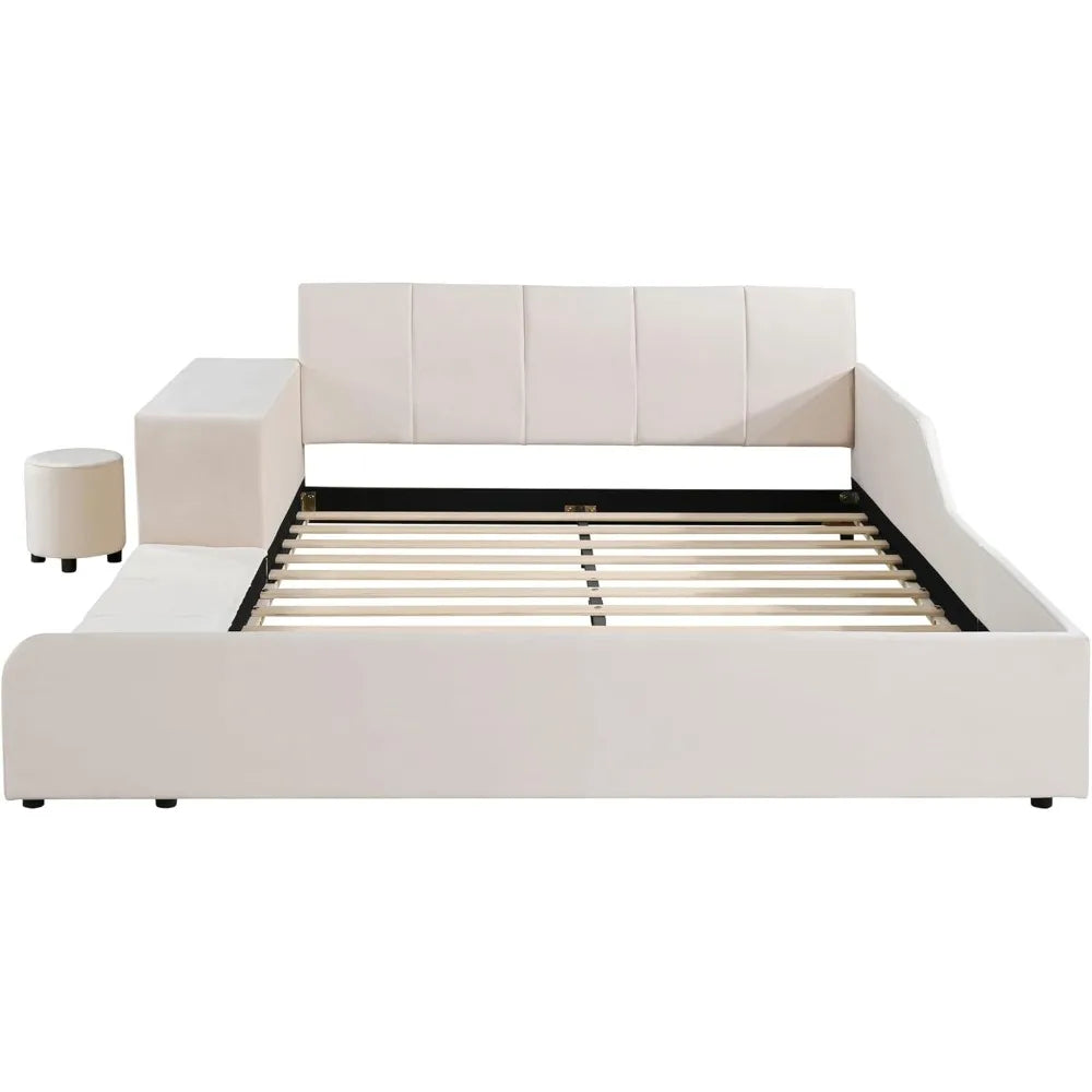 Queen Size Upholstered Grounded Bed with Bedside Desk and Stool,Upholstered Headboard,Grounded Upholstered Wood Base Bed Frame