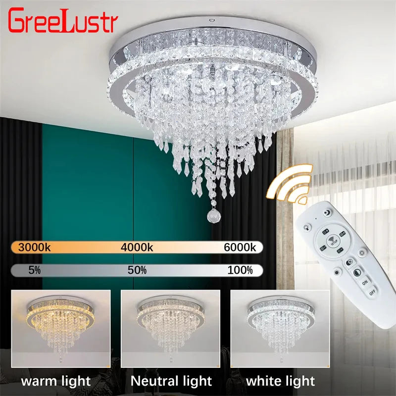 Luxury Crystal Modern LED Ceiling Chandelier Light Remote Dimming Round Ceiling Lamp for Home Decoration Indoor Hanging Lamps