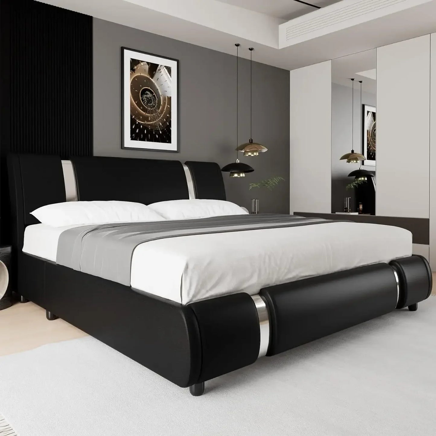 Modern Faux Leather Upholstered Platform Bed Frame with Golden Iron Metal Decor, Adjustable Curved Headboard, Queen Size, White