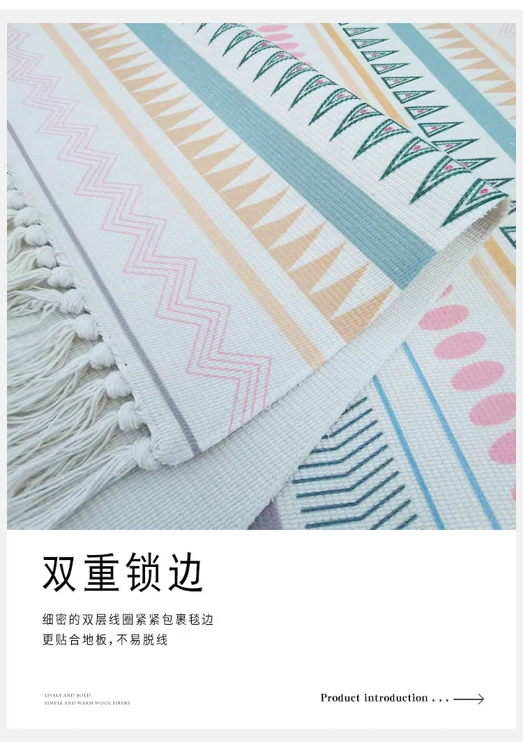 Tufted cotton carpet Living room carpet Hand woven fringed washable bathroom carpet
