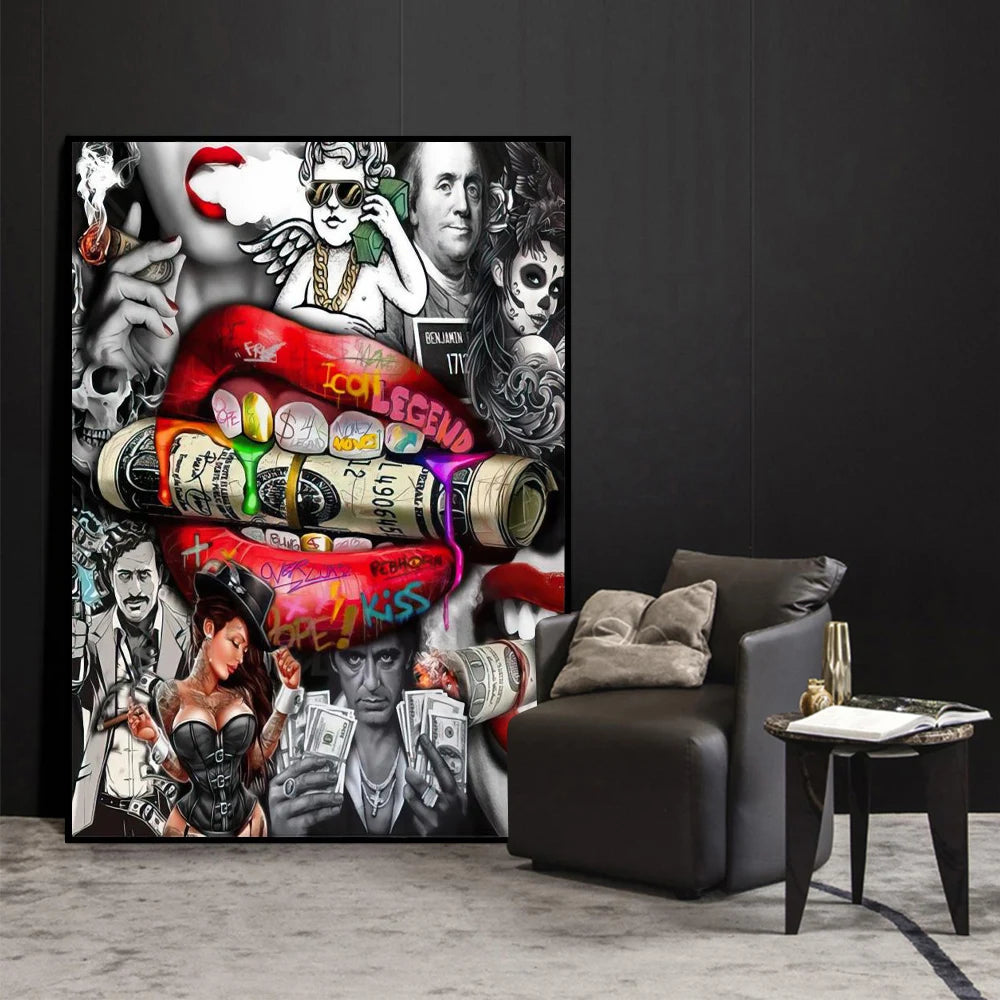 Luxury Dollar Sexy Lips Wall Art Poster Graffiti Abstract High End Mural Modern Home Room Decor Canvas Painting Picture Prints