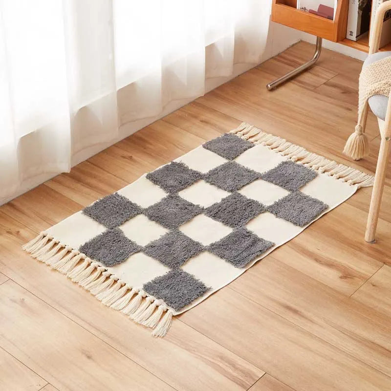 Vintage Nordic Style Cotton Linen Handmade Tassel Area Rug Checkerboard Tufted Floor Bedside Mat Living Room Bedroom Tapestry