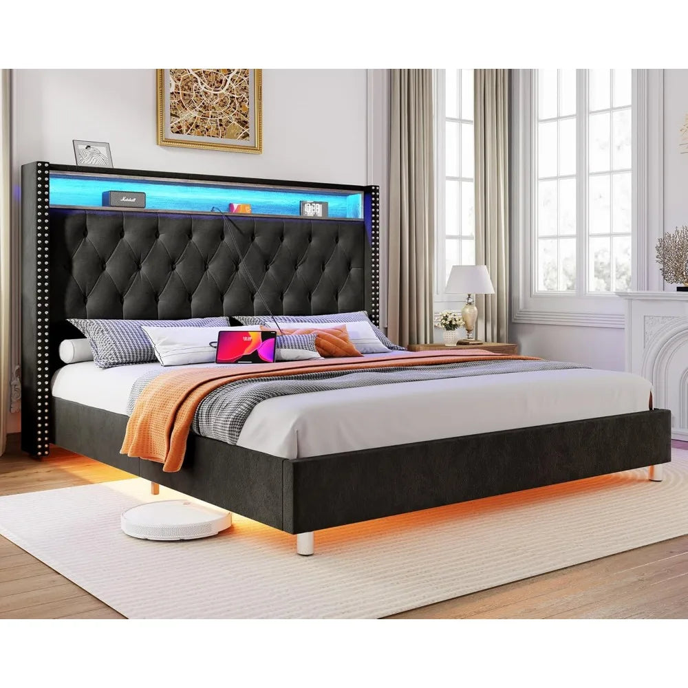 King Bed Frame with Headboard LED Lights and Charging Station, Velvet Tall Upholstered Platform Bed Storage No Box Spring Needed