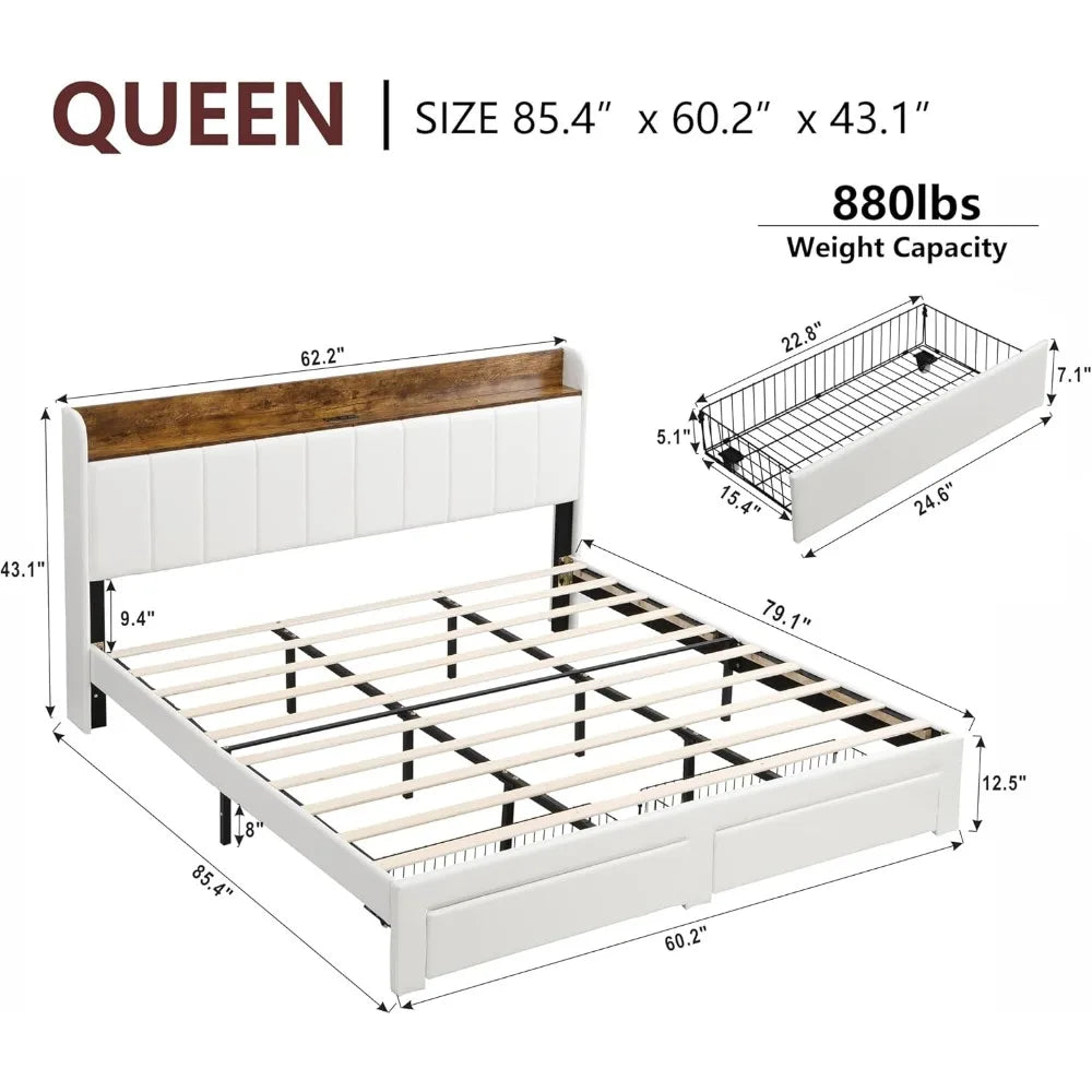 Upholstered Bed Frame Queen Size with Headboard with Storage Drawers & Charging Station,No Box Spring Needed/Heavy Duty