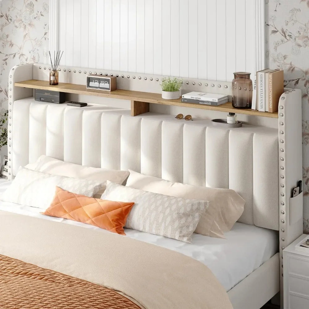 Queen Bed Frame with Headboard and Storage, Upholstered Queen Bed Frame with Storage, Queen Size Bed Frame with 2 Drawer