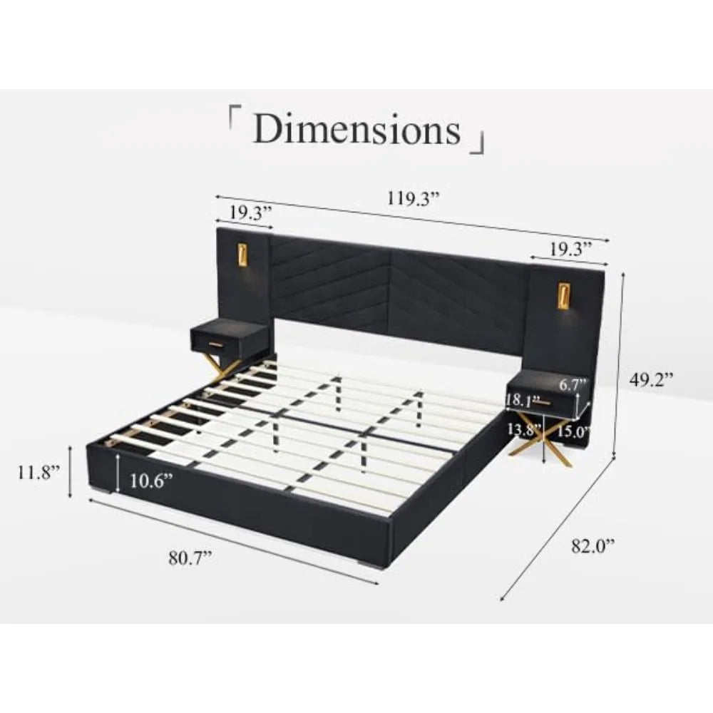 Luxury King Bed Frame with Built-in Gold LED Lights and Nightstands, King Size Platform Bed with Oversize Upholstered Headboard