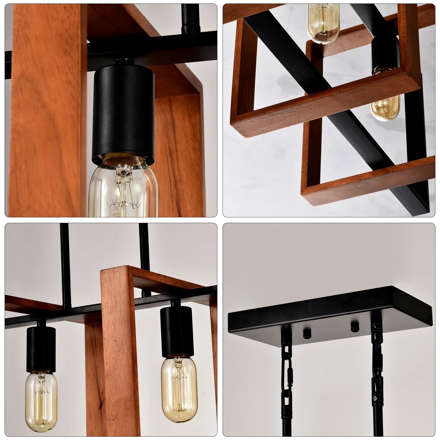 4-Light Kitchen Island Lights Pendant Light Farmhouse Dining Room Light Fixture, Rustic Wood and Black Metal Rectangular Chandel