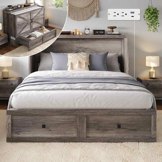 Full Size Murphy Bed, Cabinet Bed with Charging Station Large Storage Drawer for Home Office or Small Room, Hideaway Bed Full Fo