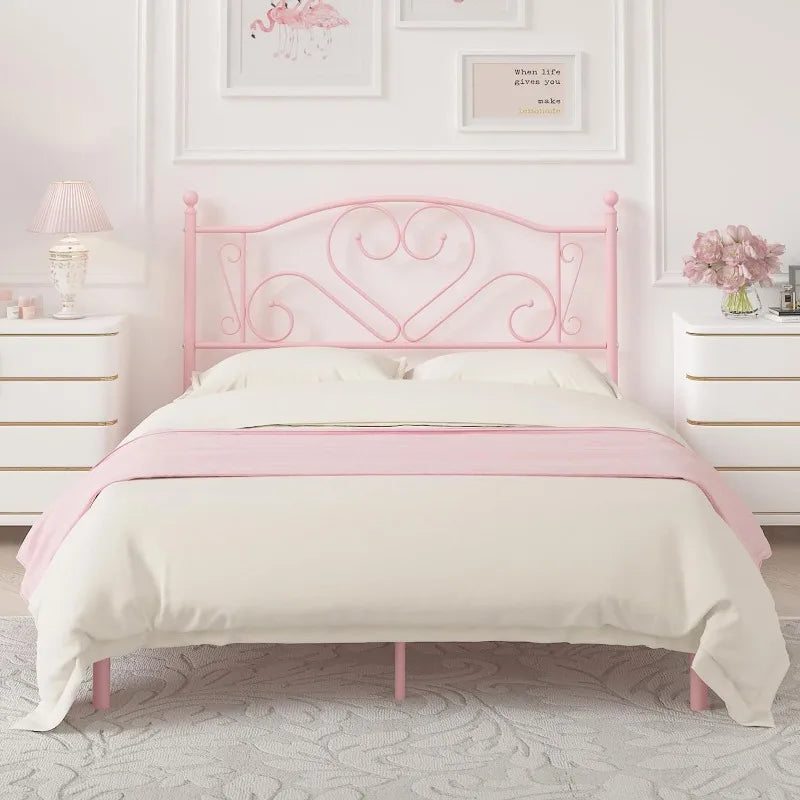 Full Size Bed Frame with Headboard, Heavy Duty Steel Slat Support Platform Under Bed Storage Space No Box Spring Needed, White