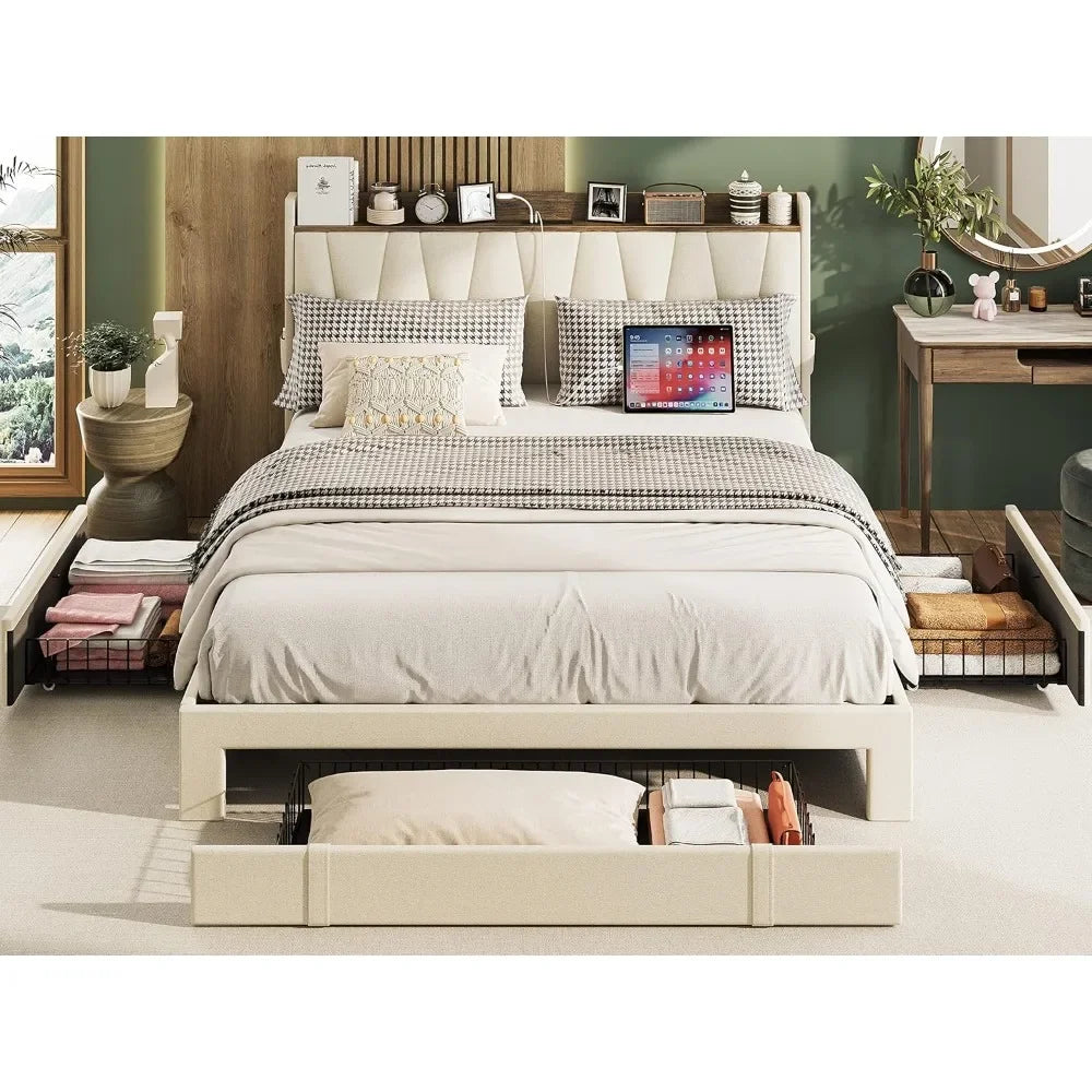 Queen Size Bed Frame with 3 Drawers, Upholstered Platform Beds with Storage Headboard and Charging Station