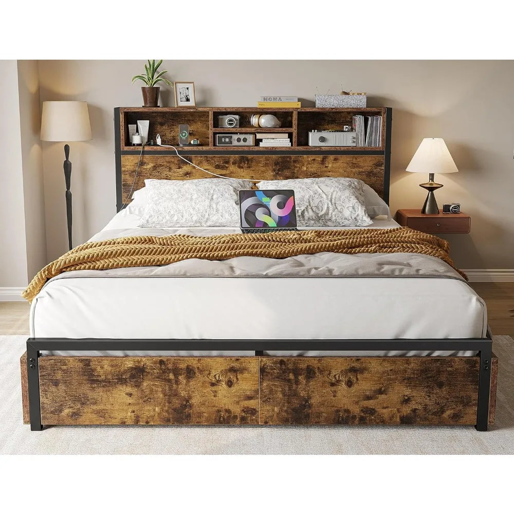 Queen Bed Frame with 6 Storage Drawers,Headboard,Charging Station & Storage No Noise,No Box Springs Needed,Vintage Brown.