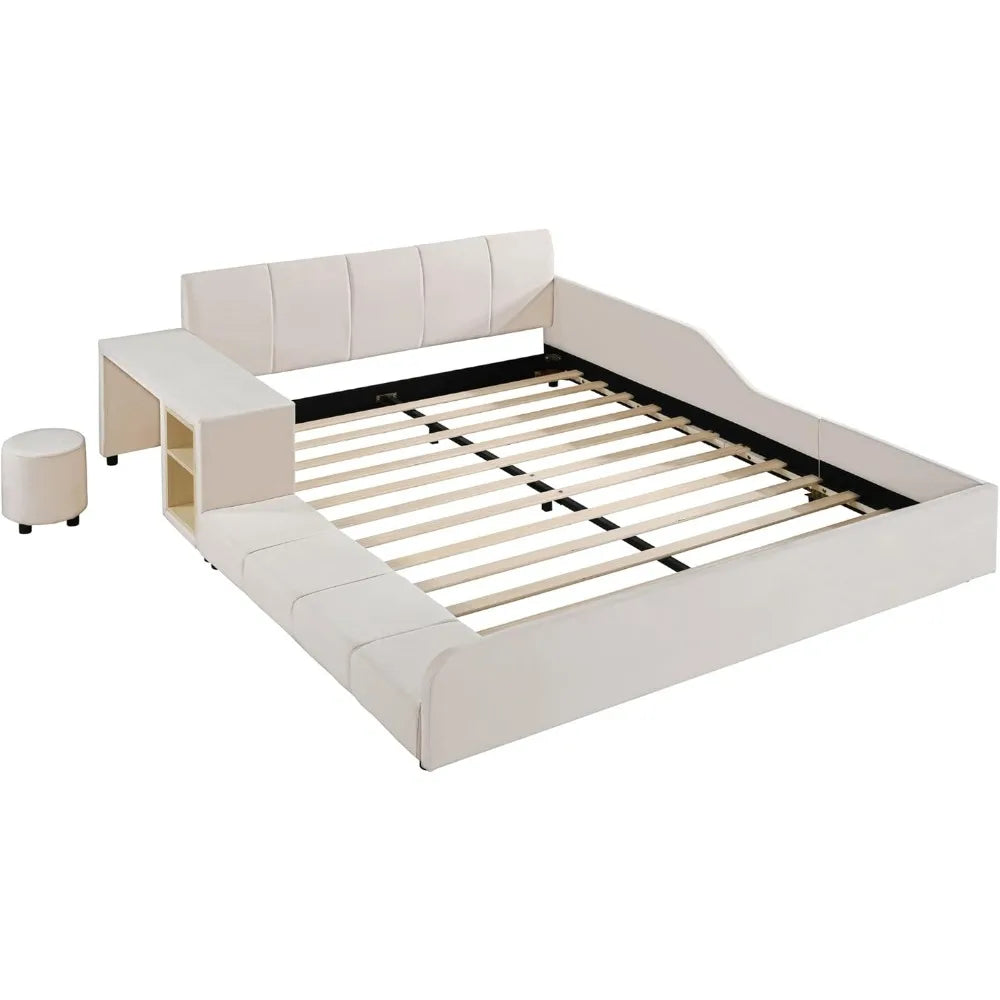 Queen Size Upholstered Grounded Bed with Bedside Desk and Stool,Upholstered Headboard,Grounded Upholstered Wood Base Bed Frame