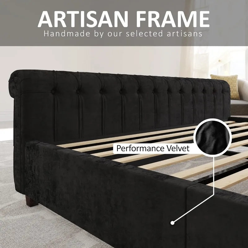 AMERLIFE King Size Platform Bed Frame, Chenille Upholstered Sleigh Bed with Scroll Wingback Headboard & Footboard/Button Tufted