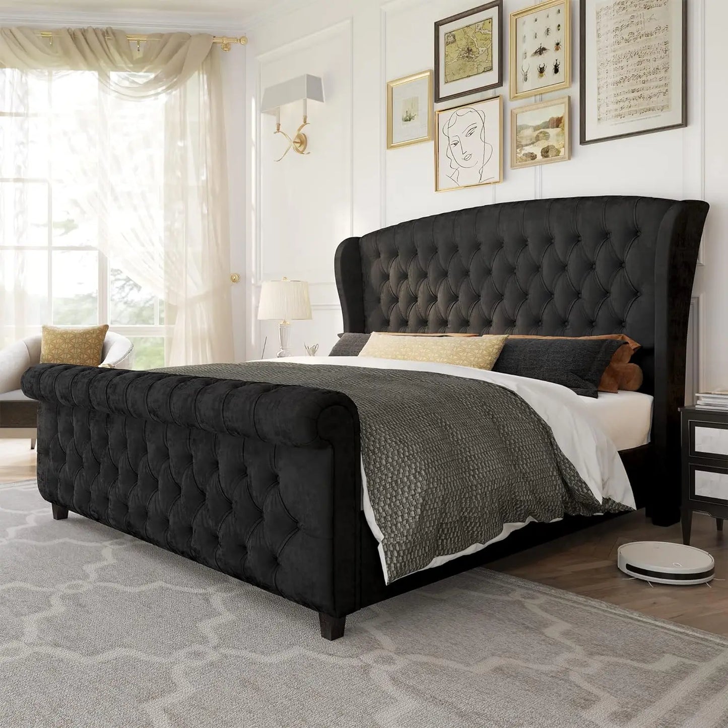 Queen Size Platform Bed Frame, Velvet Upholstered Sleigh Bed with Scroll Wingback Headboard & Footboard/Button Tufted Grey