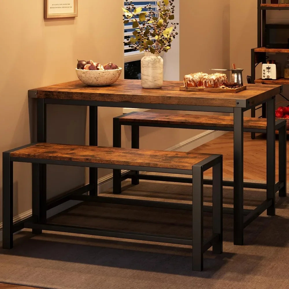 Dining Table Set for 4, Kitchen Table with Benches, Rectangular Dining Room Table Set with 2 Metal Wood Benches, 3 Piece Dining