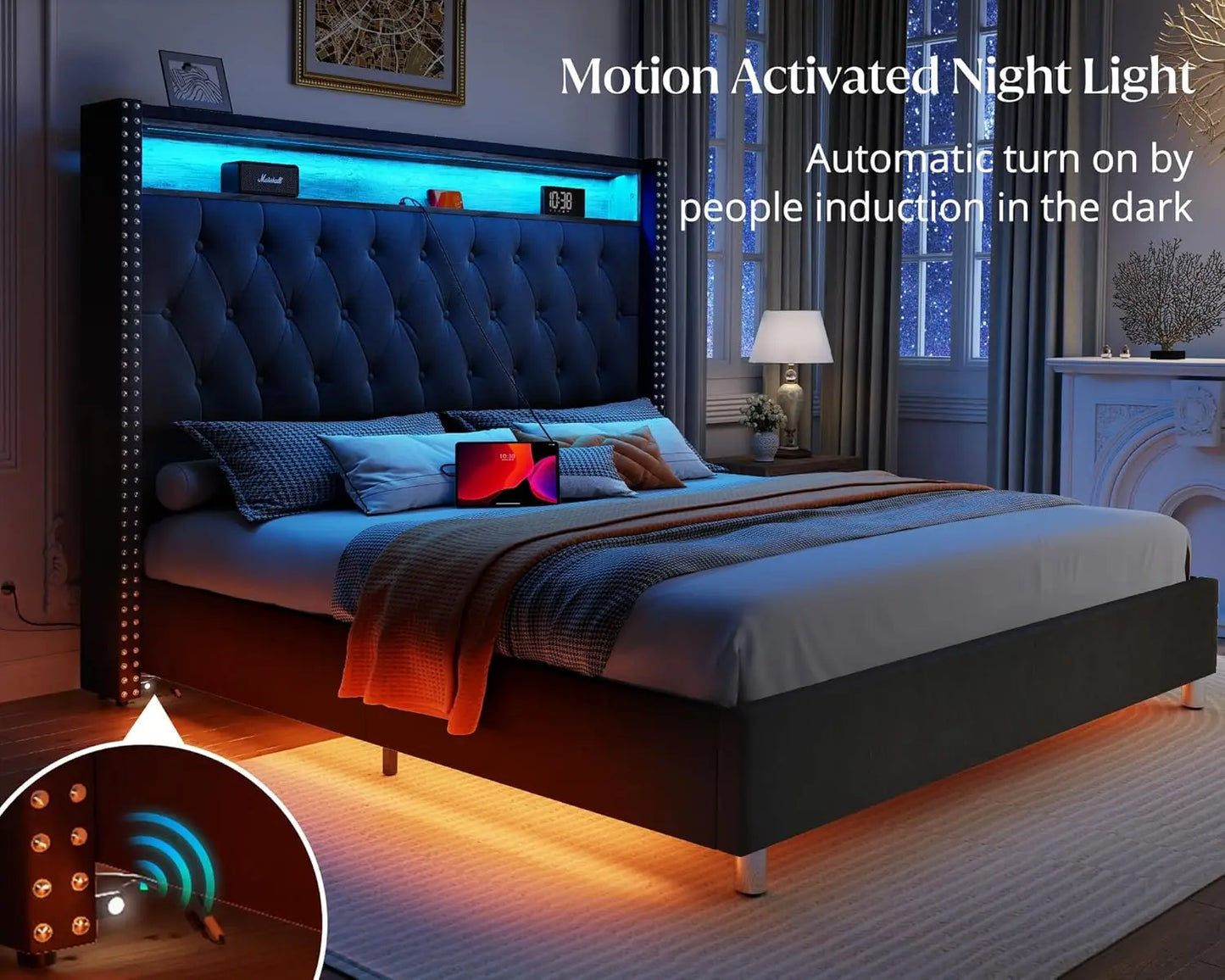 King Bed Frame with Headboard LED Lights and Charging Station, Velvet Tall Upholstered Platform Bed Storage No Box Spring Needed