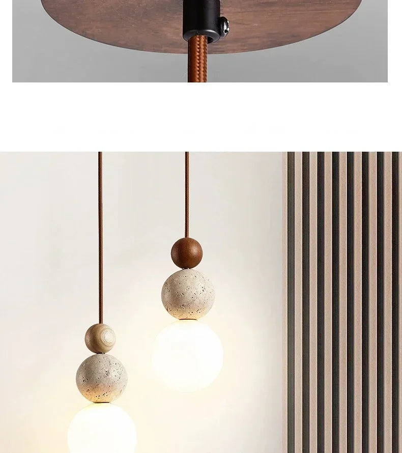 Yellow Travertine Bedside Chandelier Mahogany Nordic Japanese Log Wabi Sabi Style Homestay Single Head Long Line Pendant Lights