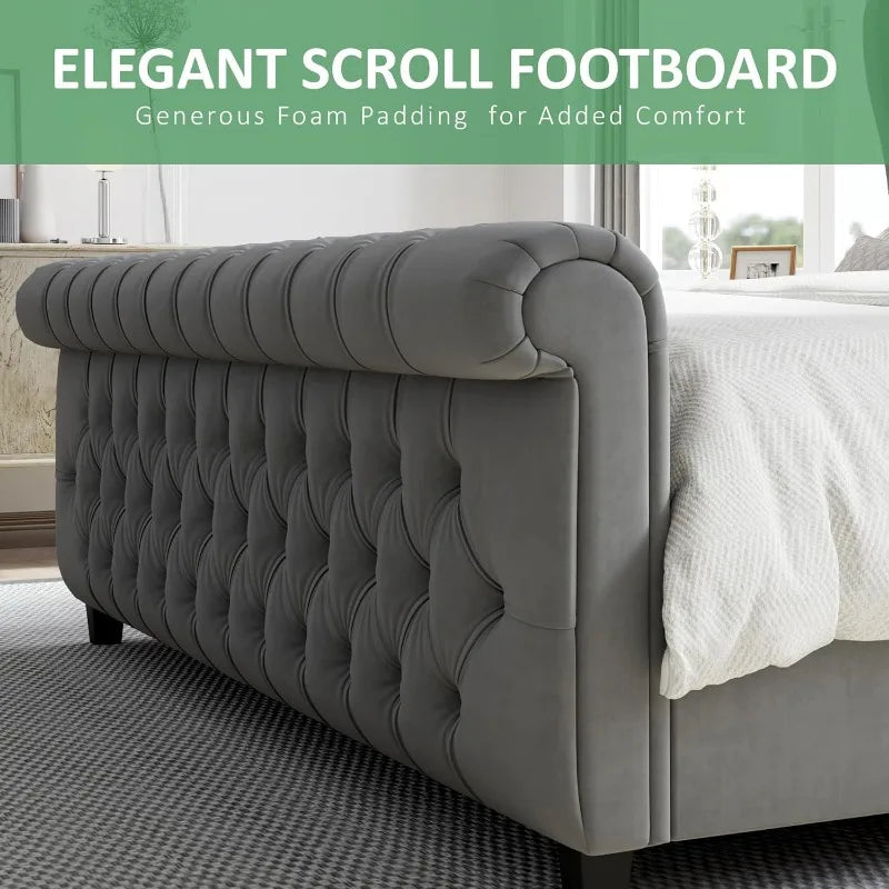 AMERLIFE King Size Platform Bed Frame, Chenille Upholstered Sleigh Bed with Scroll Wingback Headboard & Footboard/Button Tufted