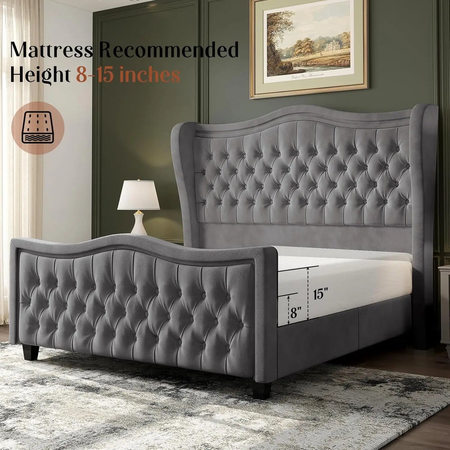 King Size Bed Frame with LED Lights, 53'' Upholstered Platform Wingback Bed with Handmade Deep Button Tufted Headboard Footboard