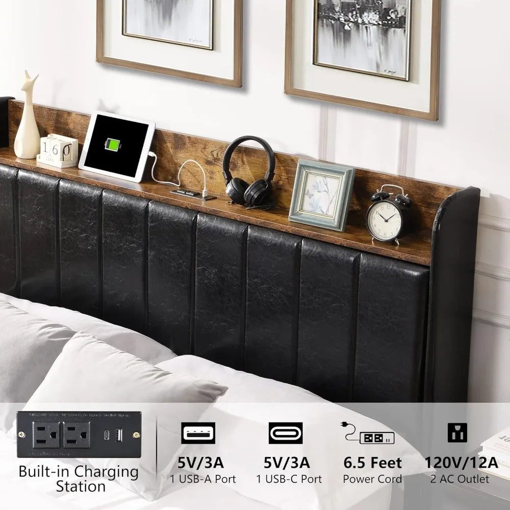 Upholstered Bed Frame Queen Size with Headboard with Storage Drawers & Charging Station,No Box Spring Needed/Heavy Duty