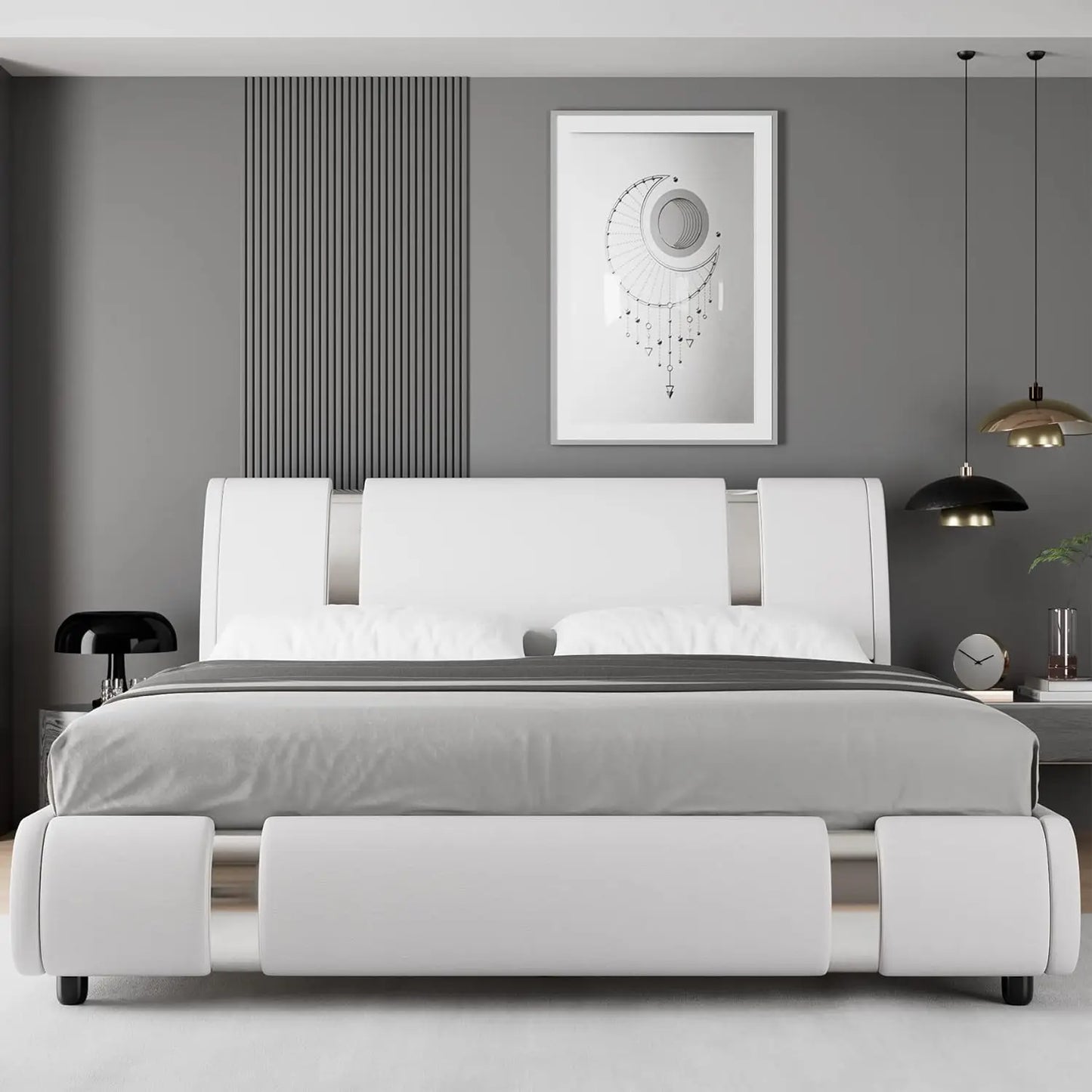 Modern Faux Leather Upholstered Platform Bed Frame with Golden Iron Metal Decor, Adjustable Curved Headboard, Queen Size, White