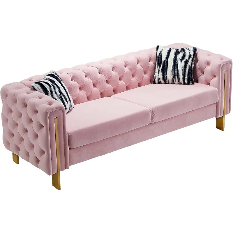 Modern Velvet Sofa for Living Room, 84 Inches Long Tufted Couch Upholstered Sofa with 2 Pillows High Arm and Metal Legs Decor