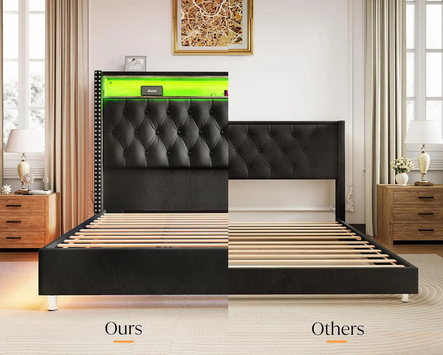 King Bed Frame with Headboard LED Lights and Charging Station, Velvet Tall Upholstered Platform Bed Storage No Box Spring Needed