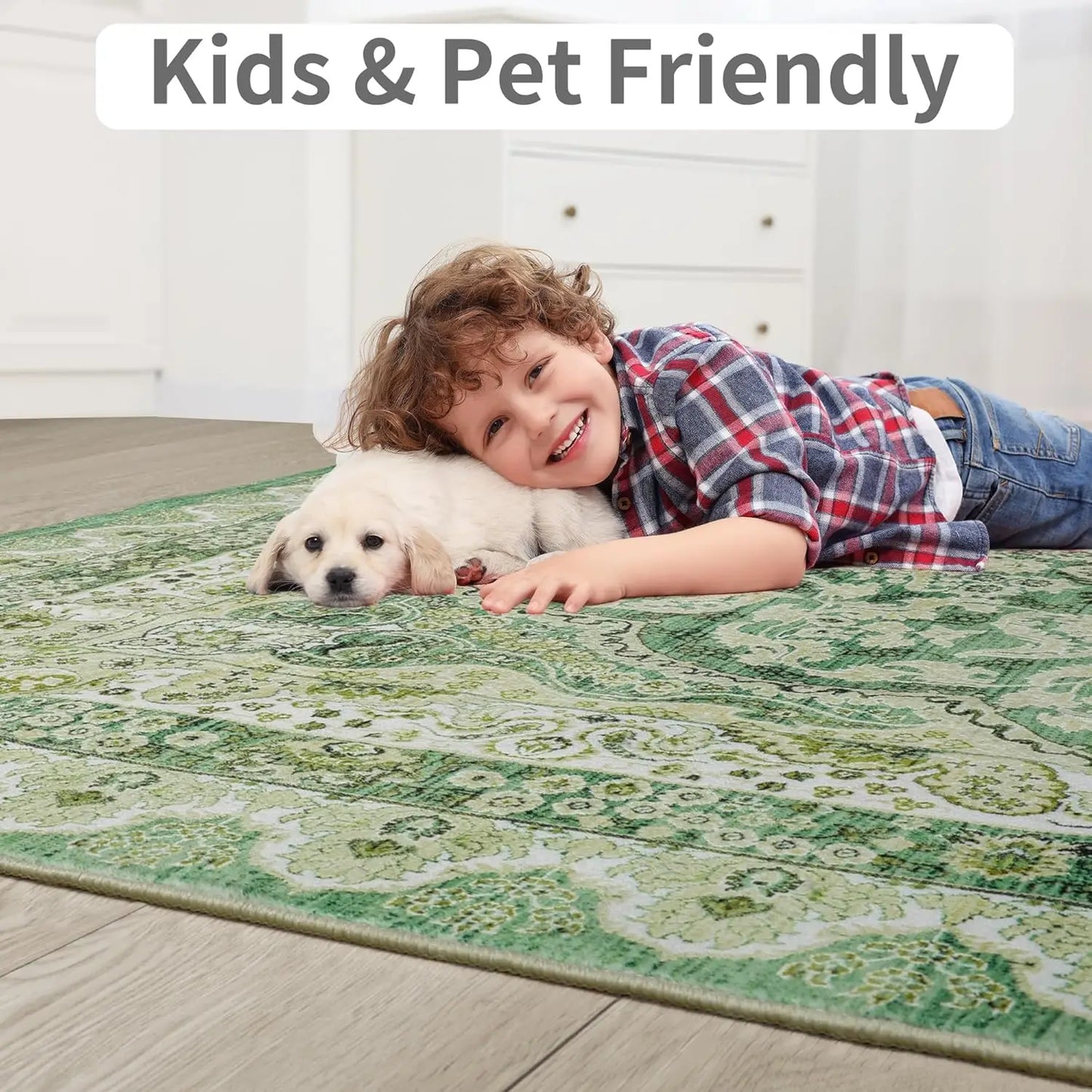 Area Rugs for Living Room, Machine Washable Vintage Rug, Non-Slip Low Pile Throw Rugs with Rubber Backing Washable Carpet