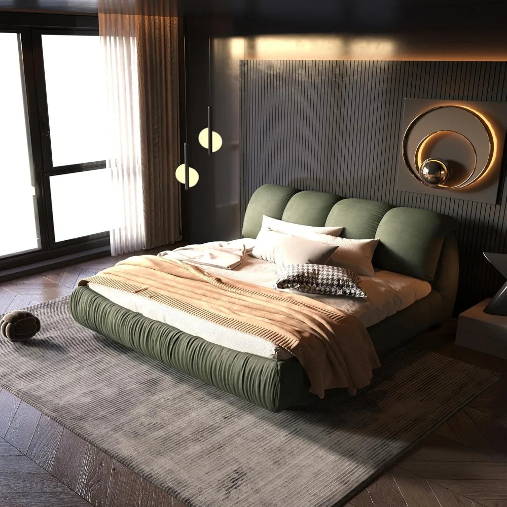 Deluxe king-size upholstered platform bed with upholstered backrest, soft-framed cloud bed, thickened pine slats, metal legs