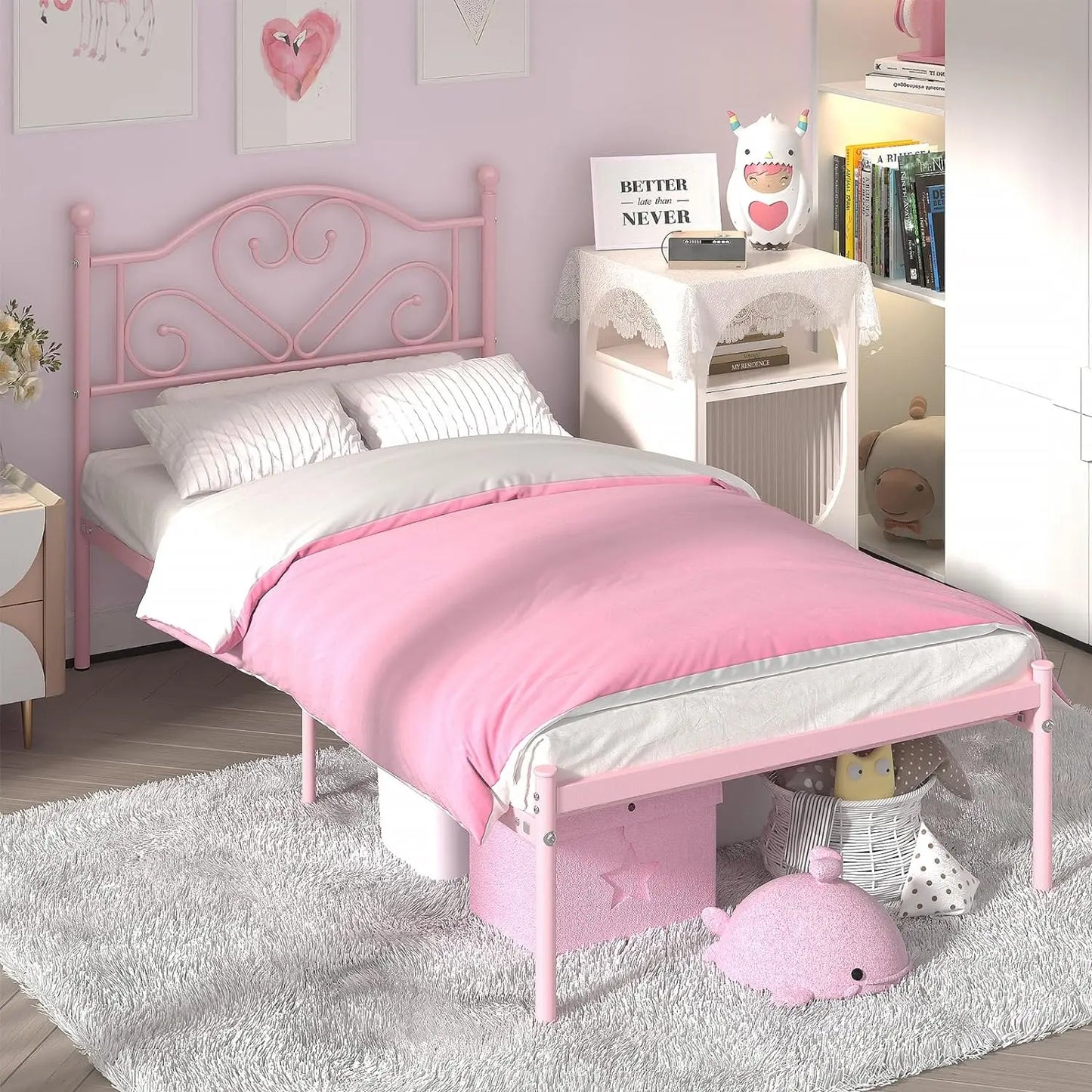 Full Size Bed Frame with Headboard, Heavy Duty Steel Slat Support Platform Under Bed Storage Space No Box Spring Needed, White