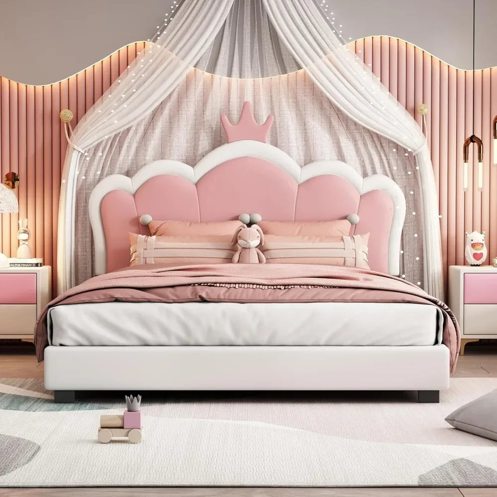 Full-Size Upholstered Princess Bed with Crown Headboard, Full Size Platform Bed with Headboard and Footboard Suitable for girls