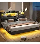 Queen Floating Frame RGB LED Lights ,USB-C/A Power Combo,Linen Upholstered Platform Bed with Storage Headboard