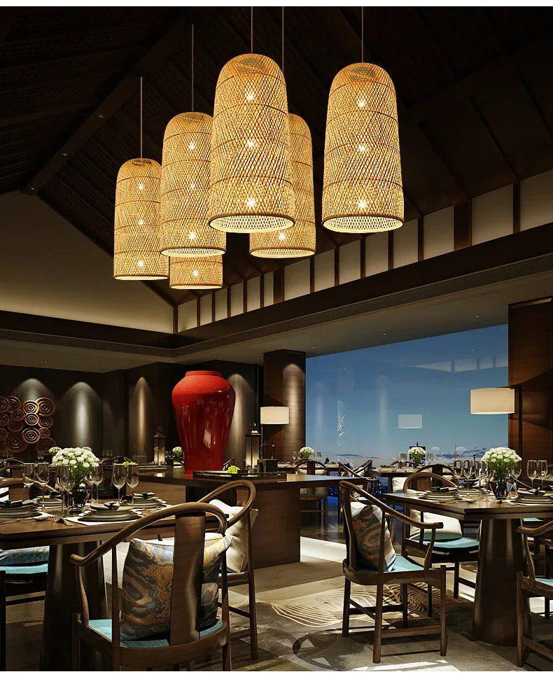 Zen Bamboo Chandelier New Chinese Lantern Hotel Chinese Style Restaurant Restaurant Bamboo Artwork Duplex Staircase Long Chandel