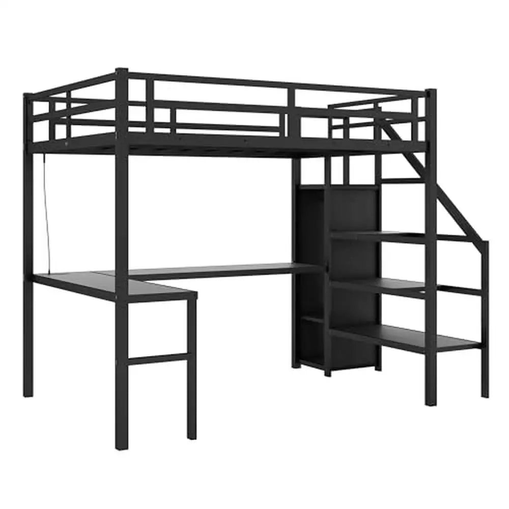 Full Size Gaming Loft Bed L-Shaped Desk Wardrobe Adjustable Shelf LED Charging Station Meta Loft Bed Kids Cozy Gaming Learning