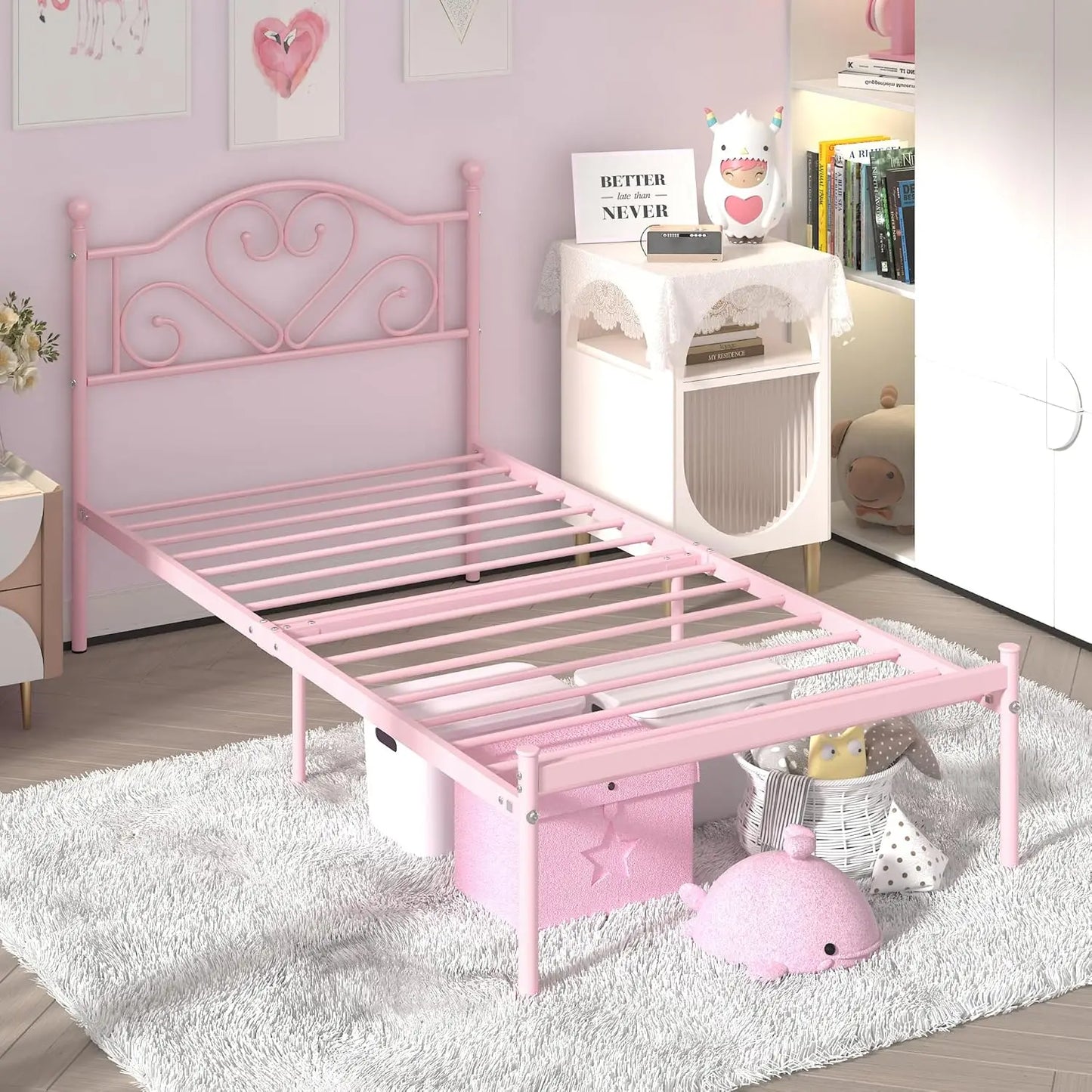 Full Size Bed Frame with Headboard, Heavy Duty Steel Slat Support Platform Under Bed Storage Space No Box Spring Needed, White