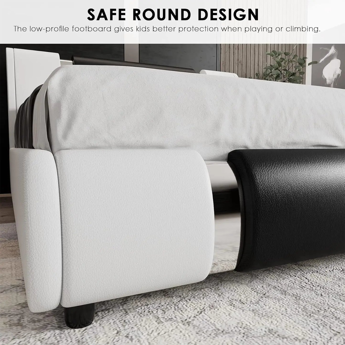 Modern Faux Leather Upholstered Platform Bed Frame with Golden Iron Metal Decor, Adjustable Curved Headboard, Queen Size, White