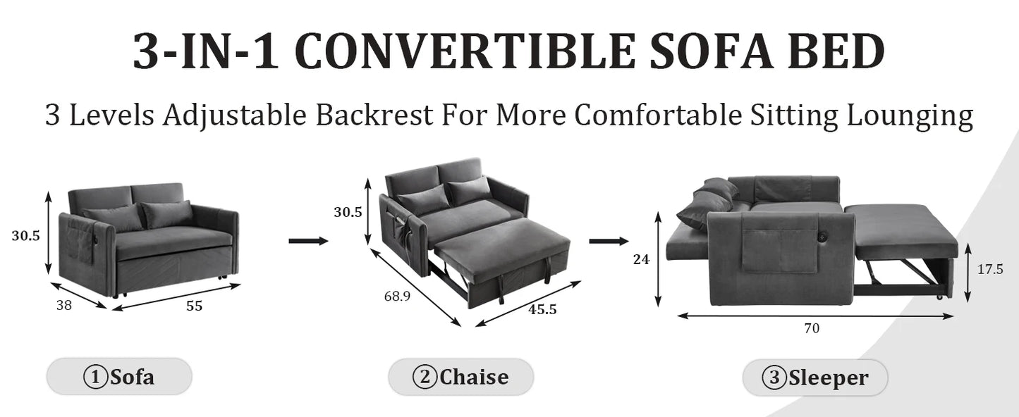 3 in 1 Pull Out Convertible Sofa Bed-Velvet Sleeper Sofa with 3Level Adjustable Backrest,Tufted Love Seat w/ 2Pockets & 2Pillows