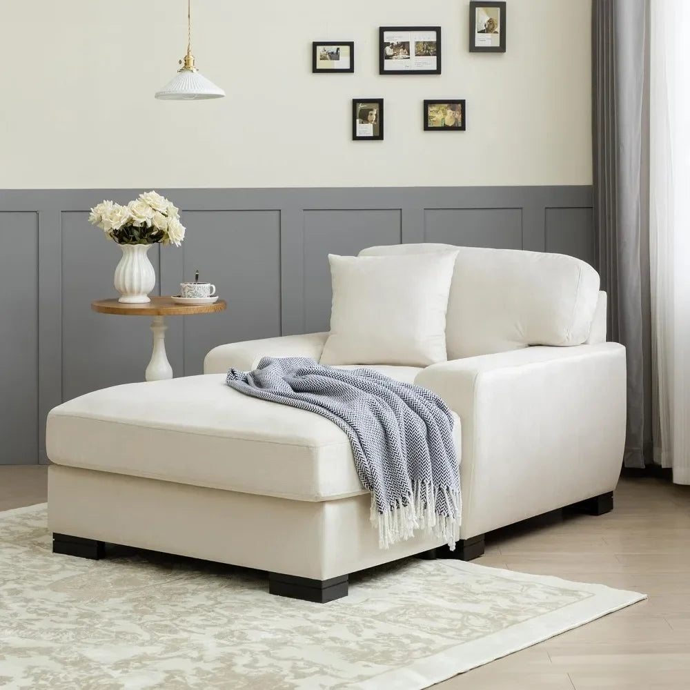Modern Mid-Century Indoor Oversized Chaise Lounger Comfort Sleeper Sofa with Pillow and Soild Wood Legs, Velvet, Cream