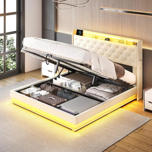 Bed Frame with Charging Station & Led Lights, Upholstered Platform Bed with Button Tufted Wingback Storage Headboard