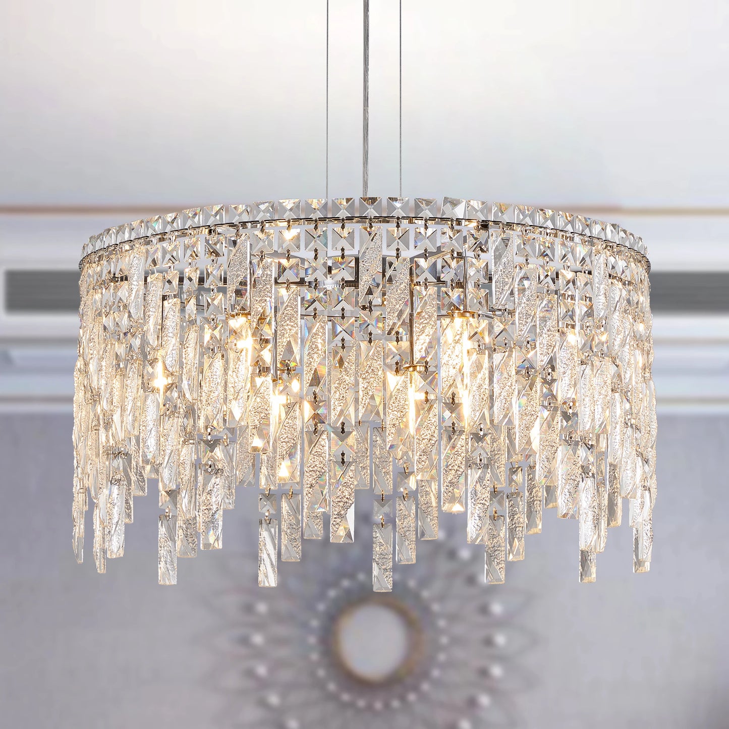 Chrome Elegant Crystal Chandelier Modern Ceiling Light Fixture with Reflective Hanging Crystals for Living Room and Foyers