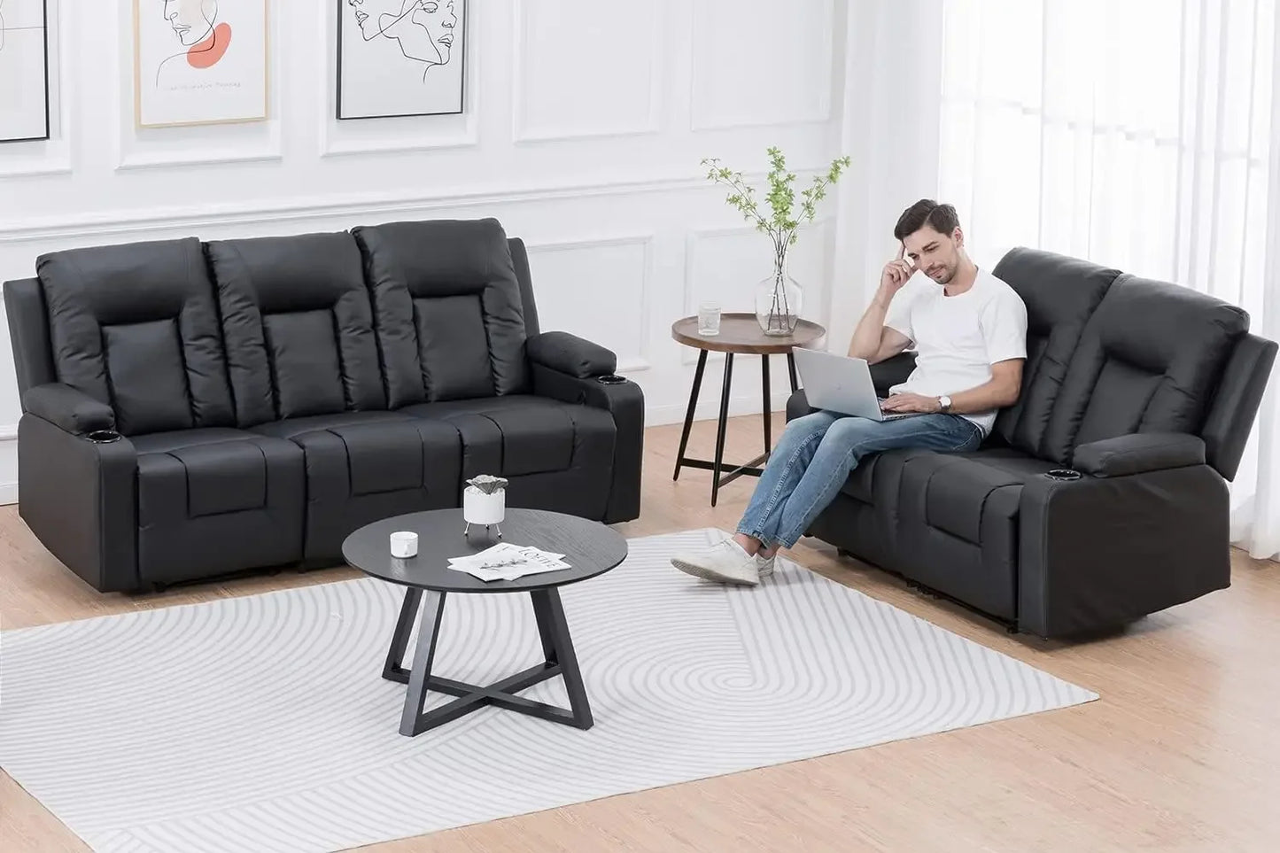 Recline Chair Set,Furniture 2PC Bonded Leather Recliner Set Living Room Set Sofa Loveseat BlackLiving Room Set 3+2