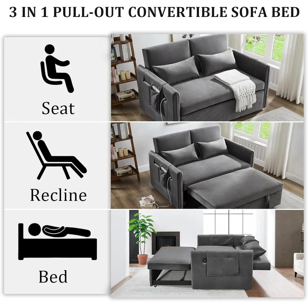 3 in 1 Pull Out Convertible Sofa Bed-Velvet Sleeper Sofa with 3Level Adjustable Backrest,Tufted Love Seat w/ 2Pockets & 2Pillows