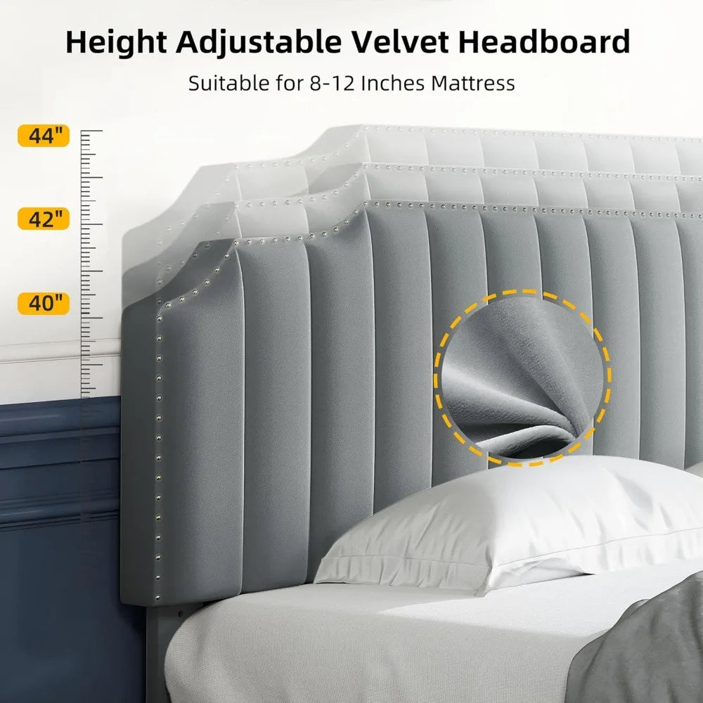 Queen size elevated storage bed frame with adjustable upholstered platform headboard, sturdy wood slats and metal base support