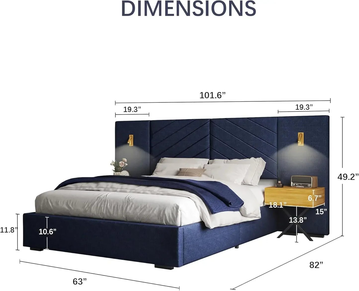 Luxury Bed Frame with Built-in Gold LED Lights and Nightstands, King Size Platform Bed with Oversize Upholstered Headboard