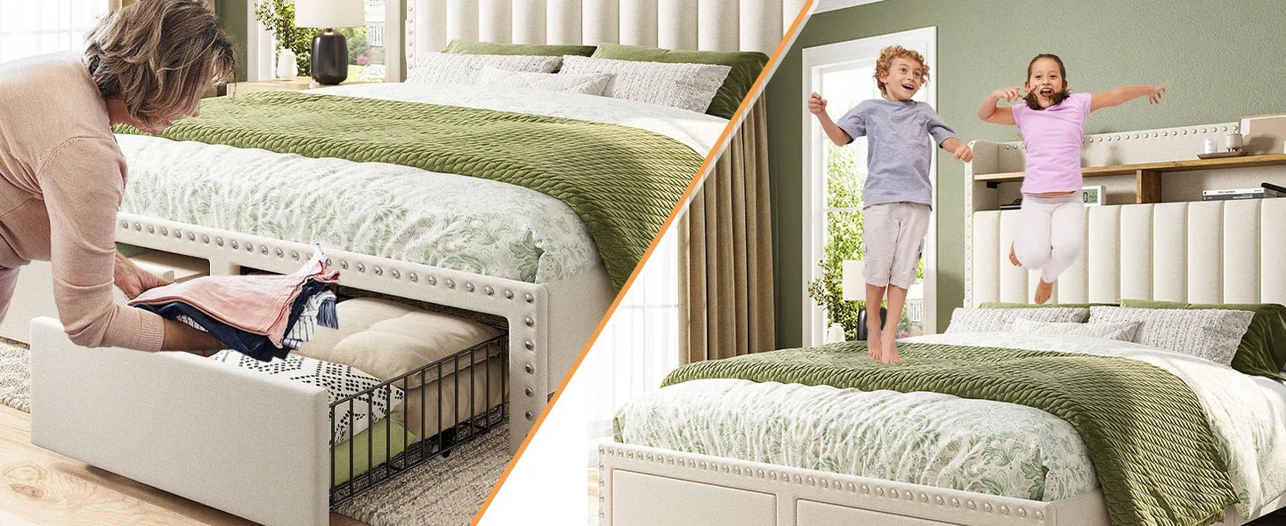 Queen Bed Frame with Headboard and Storage, Upholstered Queen Bed Frame with Storage, Queen Size Bed Frame with 2 Drawers