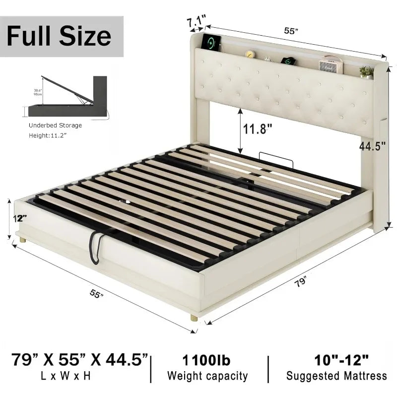 Bed Frame with Charging Station & Led Lights, Upholstered Platform Bed with Button Tufted Wingback Storage Headboard