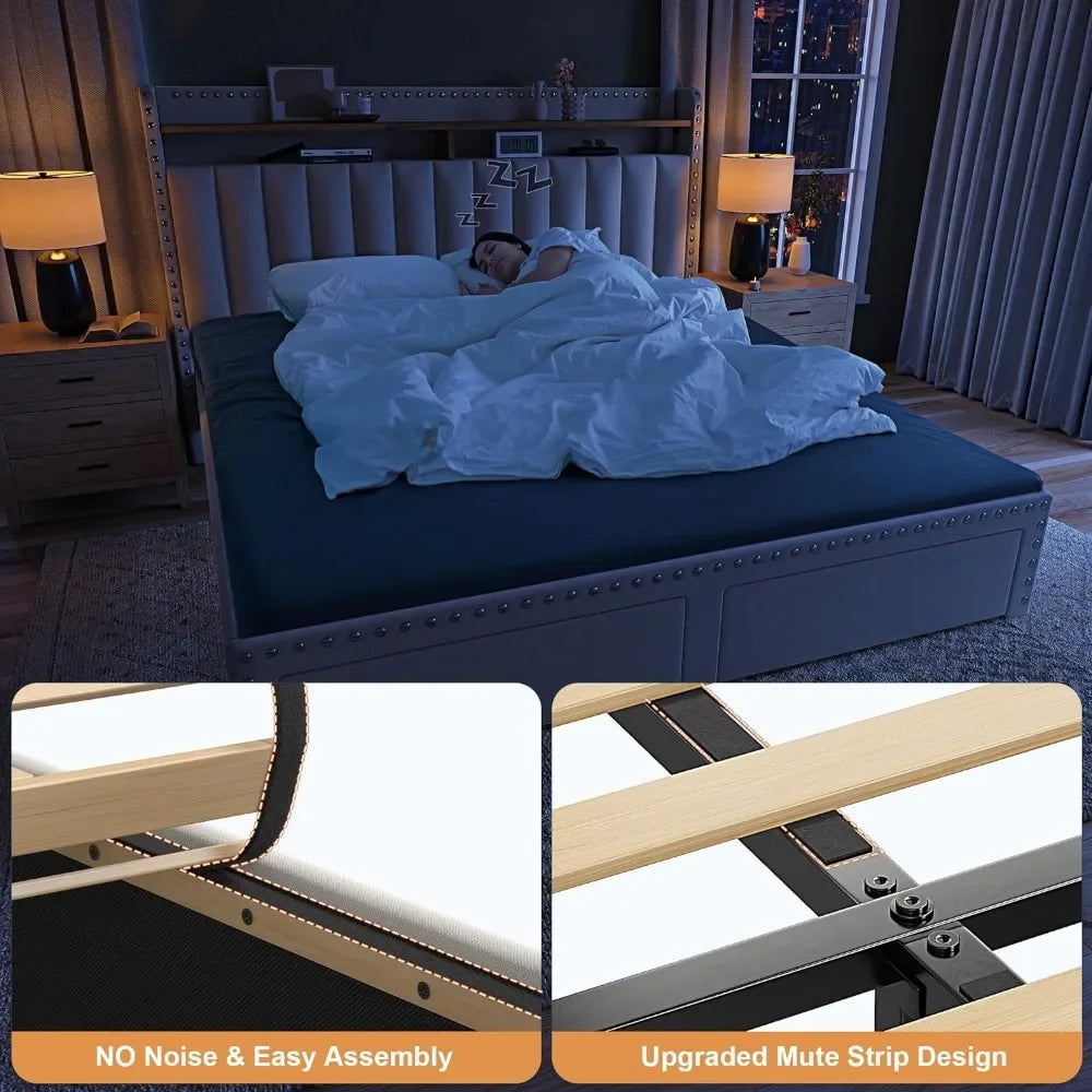 Queen Bed Frame with Headboard and Storage, Upholstered Queen Bed Frame with Storage, Queen Size Bed Frame with 2 Drawer